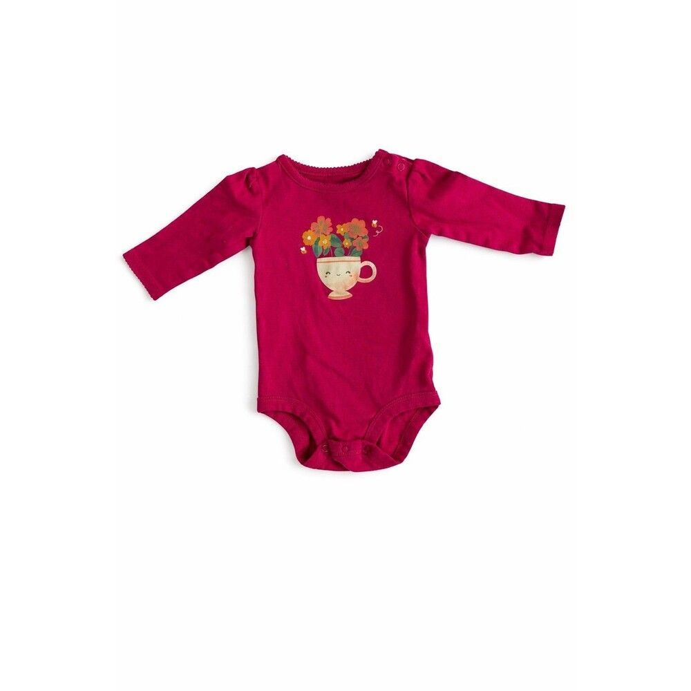 Carter’s 12M Pink Floral Teacup Onesie Long Sleeve Baby Girl Spring Outfit